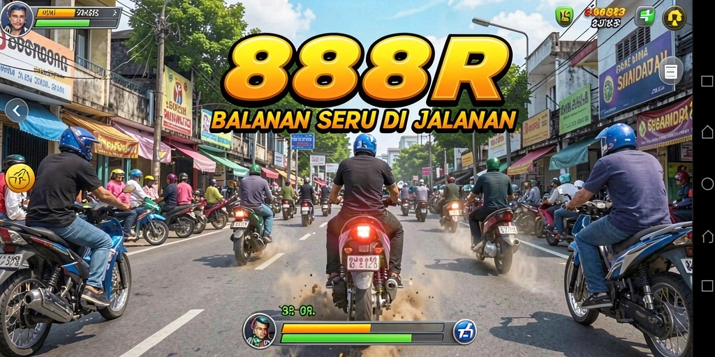 Gameplay seru 888R dengan mobil balap yang melaju kencang di trek.