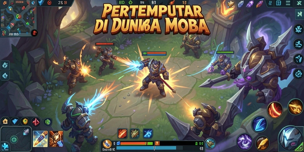 Tangkapan layar gameplay MOBA dalam aksi penuh strategi.