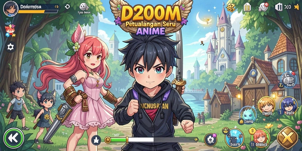Screenshot gameplay D200M yang menampilkan karakter dan dunia anime yang indah.
