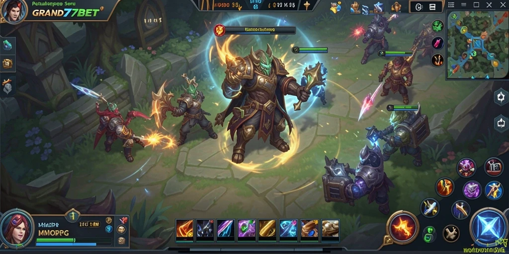 Screenshot utama GRAND77BET menampilkan aksi pertempuran MMORPG yang intens.