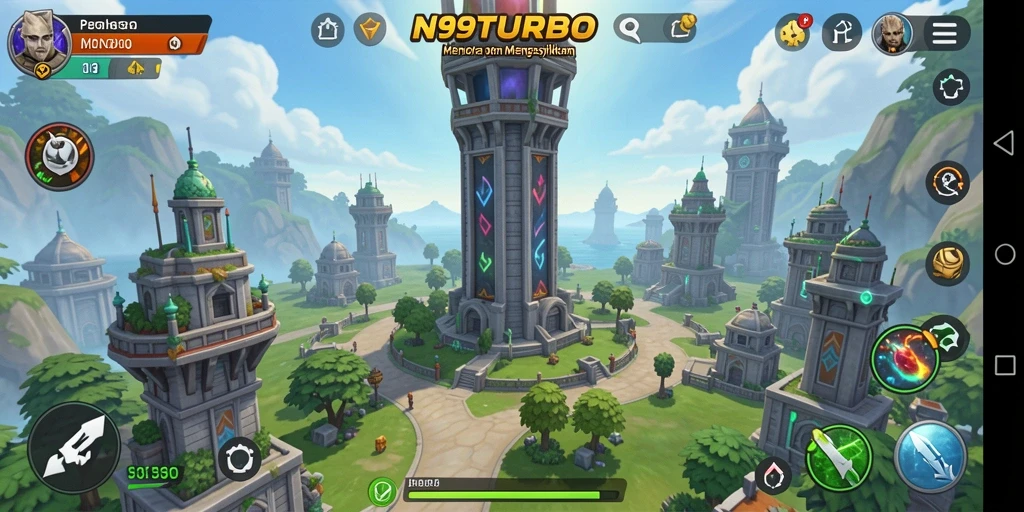 Tampilan gameplay menarik dari N9TURBO yang menunjukkan menara dan strategi bertahan.