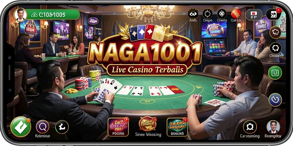 Screenshot NAGA1001 menampilkan dealer live yang profesional dalam permainan kasino.