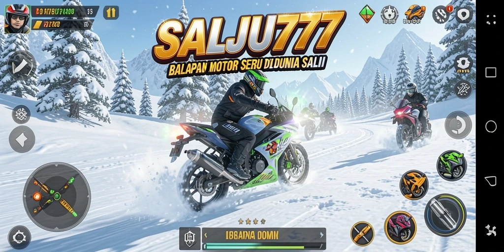 Gameplay SALJU777 menampilkan balapan motor di trek salju yang menantang.