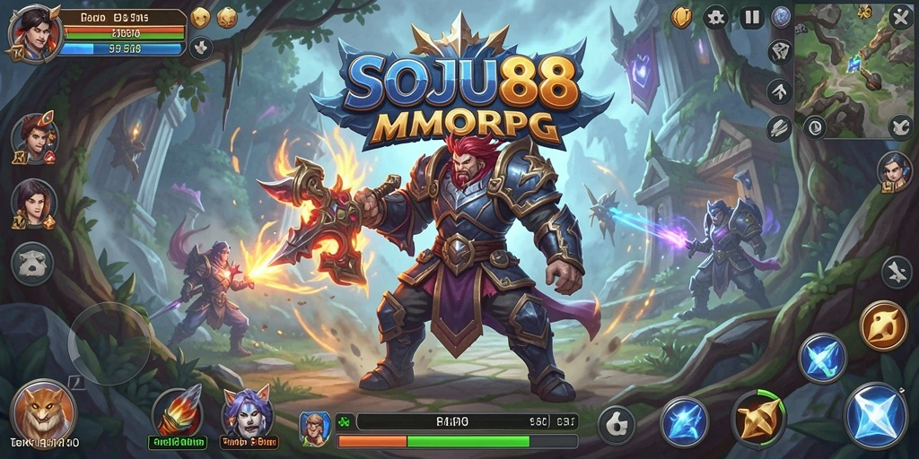 Tangkapan layar utama SOJU88 menampilkan aksi seru dalam dunia MMORPG.