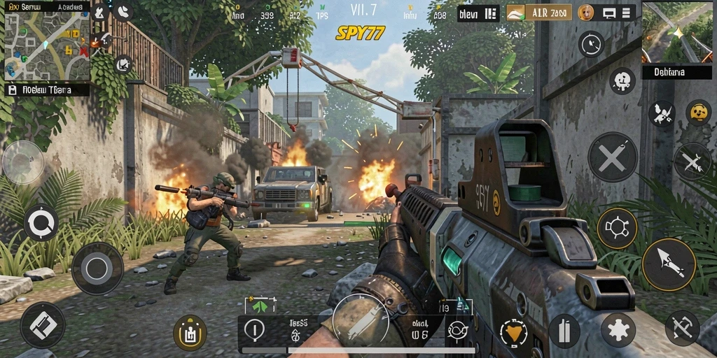 Tangkapan layar gameplay SPY77 menampilkan aksi tembak-menembak yang seru dan mendebarkan.