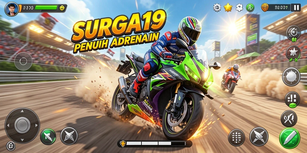 Screenshot utama SURGA19 yang menampilkan aksi balapan motor yang seru.