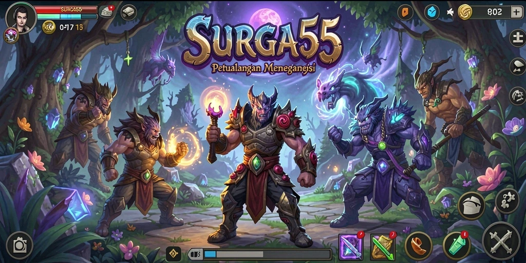 Tampilan gameplay SURGA55 saat pertarungan epik dalam dunia fantasi.