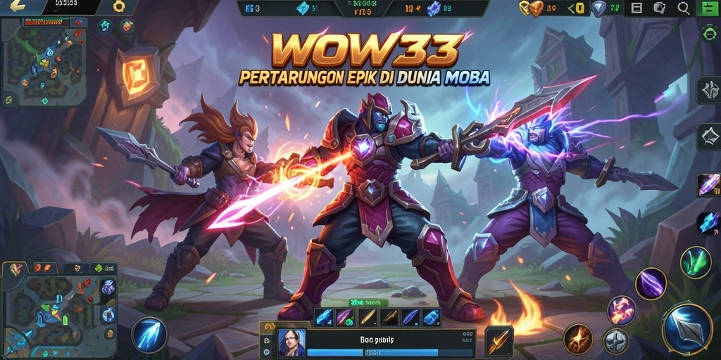 Screenshot gameplay WOW33 menampilkan pertempuran seru antara tim dalam arena MOBA.